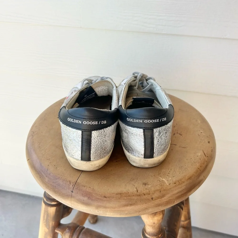 Golden Goose Superstar Crinkled Metallic Leather Sneakers With Pink Star
